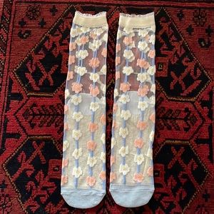 Sheer Floral Socks Tights Blue Hosiery Pink Flower Flowers Blue